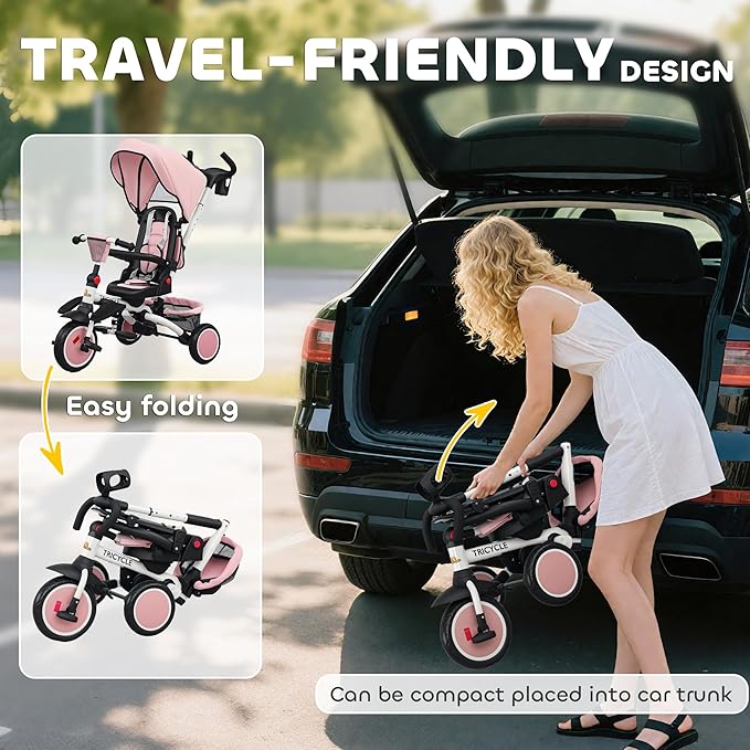 Qaba Kids Tricycle, 6 in 1 Foldable Baby Trike with Adjustable Push Handle, Tricycle Stroller with Removable Canopy, Reversible Seat, Safety Harness, Detachable Guardrail, Storage for 1-5 Years, Pink