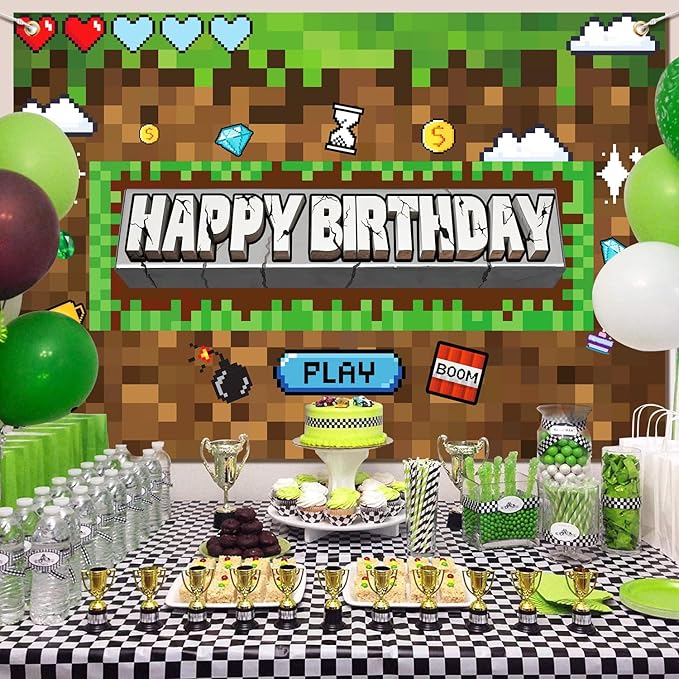 Pixel Birthday Party Decorations Pixel Video Game Banner for Miner Birthday Party Backdrop Photo Background Wall Decor Mining Party Supplies