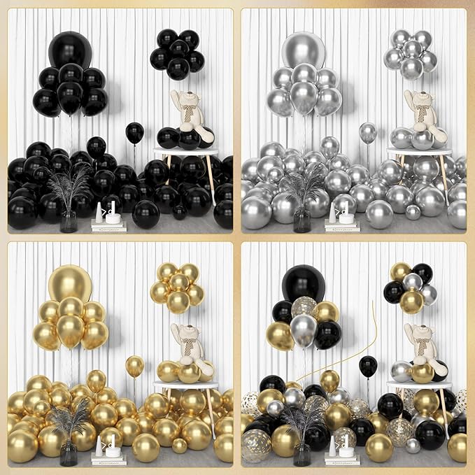 Amandir 153pcs Black and Gold Balloons Arch Garland Kit Different Sizes 18 12 10 5inch Silver Latex Metallic Confetti Graduation Balloons Class of 2026 Decorations Birthday Graduation Party Supplies
