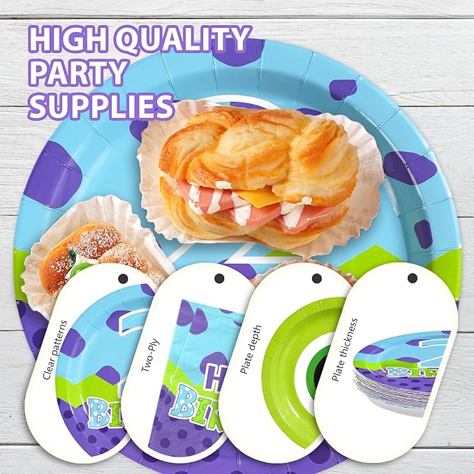 96Pcs Monster Birthday Party Supplies 2nd Monster Theme Party Plates and Napkins Disposable Green and Purple Cartoon Tableware Set for Kids 2nd Birthday Baby Shower Decorations Serves 24