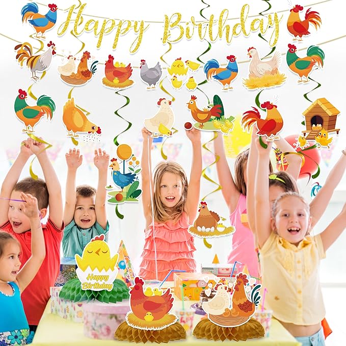 Chicken Birthday Party Decorations Include Chicken Happy Birthday Glitter Banners Hanging Swirls Honeycomb Centerpieces Chick Farm Animal Birthday Theme Party Supplies
