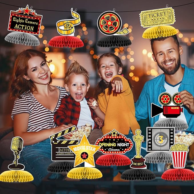 12 Pieces Movie Night Party Decorations Movie Birthday Honeycomb Centerpiece, Party Supplies Decor Microphone Ticket Table Decoration for Theater Birthday Women Men The Kids' Boys Girls