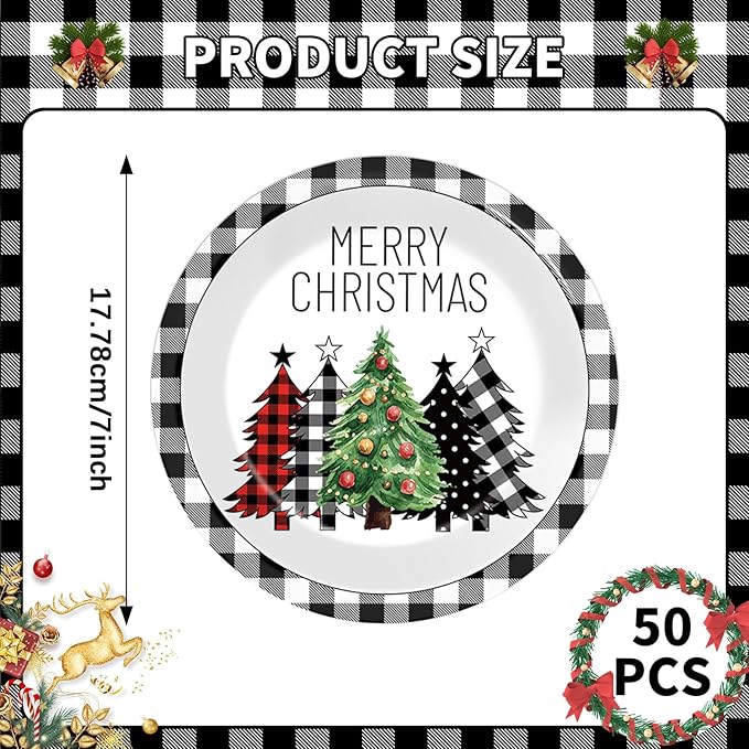 CHUNNIN 50Pcs Christmas Buffalo Plaid Tree Paper Plates 7 Inch Black White Table Decoration Merry Christmas Disposable Dinnerware Xmas Trees Tableware for Xmas Holiday Birthday Party Supplies