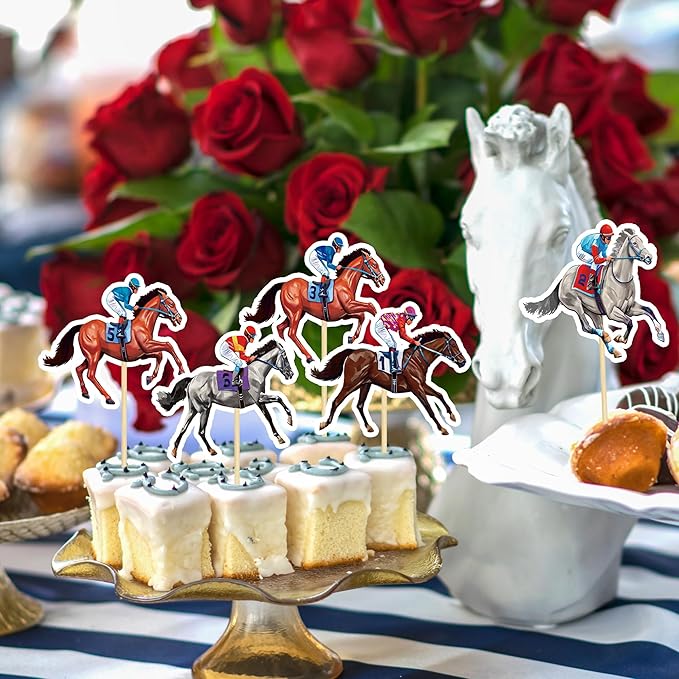 36 PCS Derby Cupcake Toppers, 12 Style Derby Party Decorations, Race Horse Cupcake Toppers Run for the Rose Toothpicks, Run for the Roses Theme Horse Decorations Horse Party Supplies