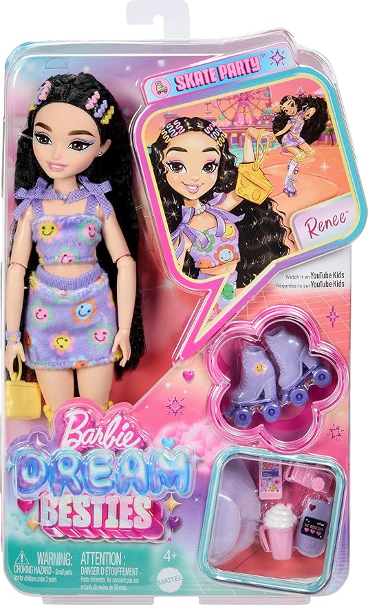 Barbie Dream Besties Doll and Accessories, Renee Posable Roller Skating Fashion Doll with Black Hair, 12 Video & Food Themed Pieces