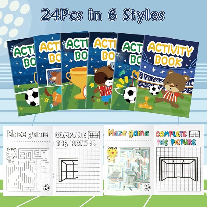 Dvbonike 24Pcs Soccer Activity Books for Kids - Football Mini Fun Games Coloring Book in Bulk Animals Sport Goal Party Favors Goodie Bags Stuffers for Birthday Classroom School Rewards Supplies