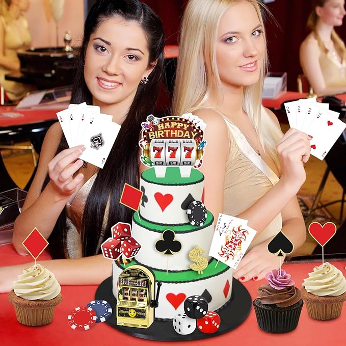 Hooqict 24 Pieces Casino Cake Decorations Set with Mini Toy Slot Machine Poker Casino Cake Toppers & Cupcake Toppers for Las Vegas Casino Night Theme Birthday Party Decorations