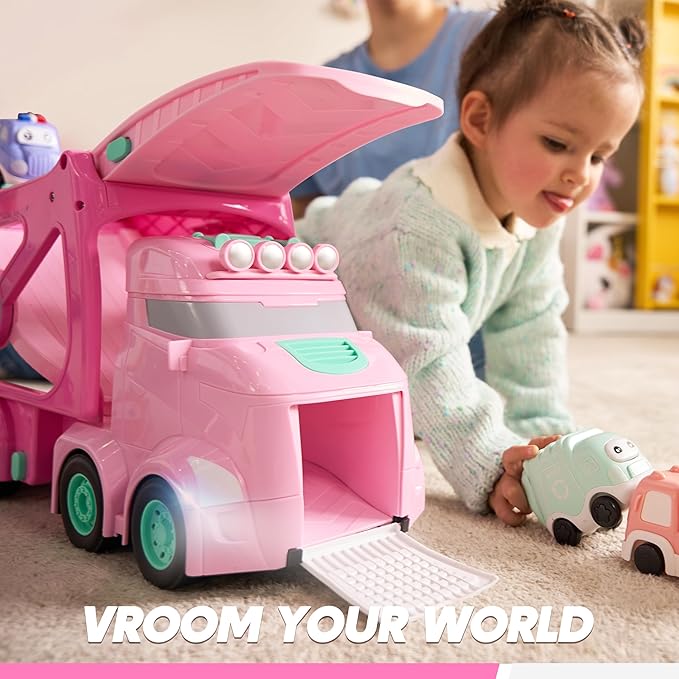 JOVA Extra Large Toy Trucks for Toddlers, 3-Layer Princess Pink Trucks for Girls, 7-in-1 Big Carrier Truck with Siren & Lights and 6 Toy Cars, Birthday Gifts for Girls