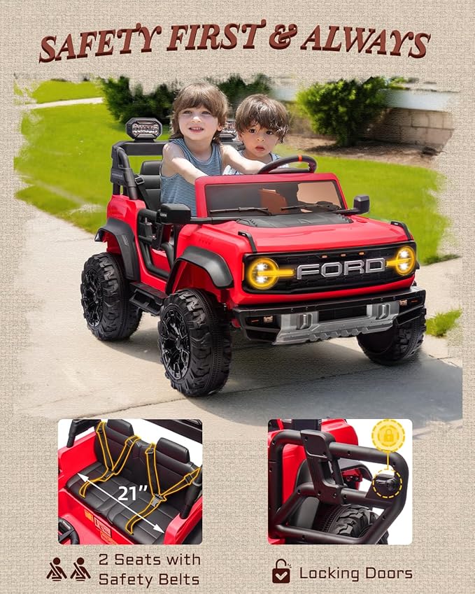 First Ride On Ford Bronco 24V Ride on Toys for Boys & Girls, 2 Seater Kids Electric Car with Remote Control, Kids Ride on Truck with Rear Wheels Suspension, Led Lights, Safety Belt (24V, Red)