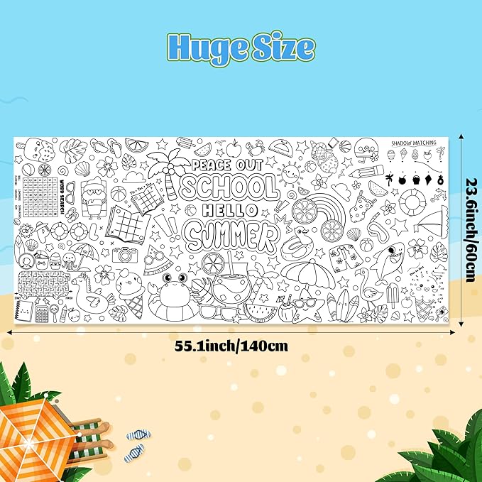 Jumbo End of School Year Coloring Activity Poster - Summer Fun Games DIY Drawing Color-in Paper 55.1 x 23.6 Inch Blank Doodle Art Banner, Home School Educational Event Party Supplies