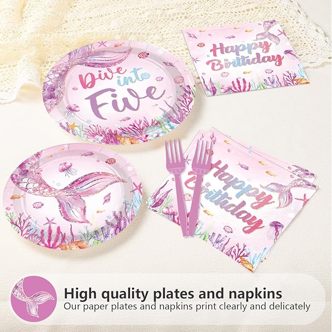 96Pcs Mermaid 5th Birthday Party Supplies Dive Into Five Party Plates and Napkins Disposable Mermaid Ocean Sea Animal Tableware Set for Girls 5 Year Old Birthday Decorations, Serves 24