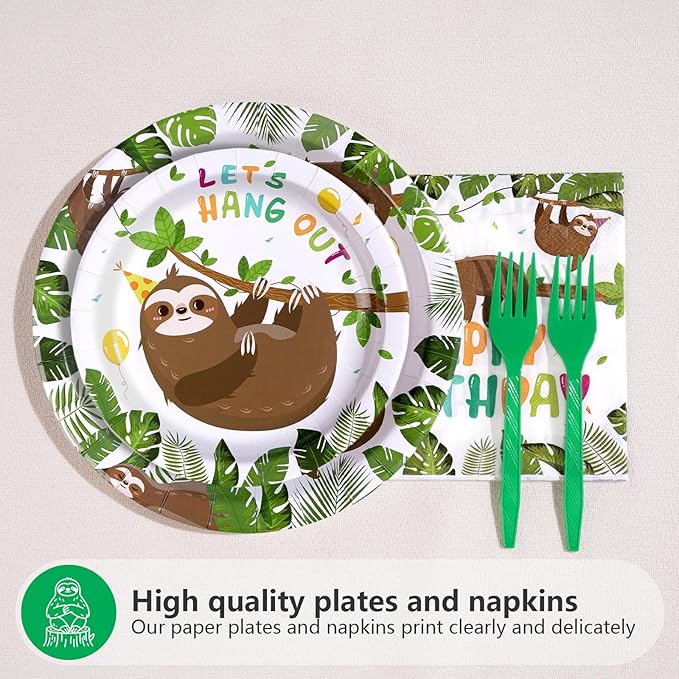 96Pcs Sloth Birthday Party Supplies Hanging Sloth Plates and Napkins Jungle Cute Animal Theme Tableware Set for Kids Girls Boys Animal Theme Birthday Party Supplies，Serves 24