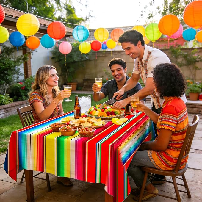 2 PCS Mexican Fiesta Plastic Tablecloth 108 x 54 Inch Mexican Striped Disposable Table Covers Waterproof Cinco De Mayo Rectangle Party Table Cloth for Fiesta Taco Mexico Themed Birthday Party Supplies
