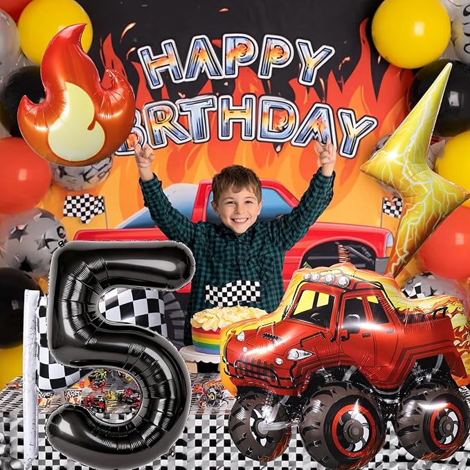 Truck Number 5 Balloons, Huge Truck Flags Lightning Flame Stars Aluminum Foil Balloons for 5th Birthday, Race Car Theme Party Decorations Supplies