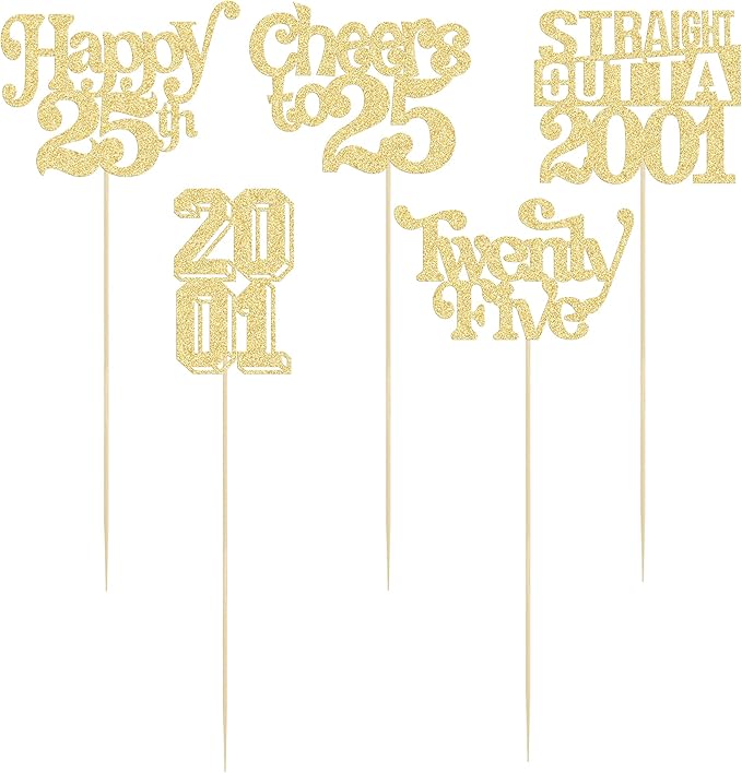 Gyufise 15Pcs Happy 25th Birthday Centerpiece Sticks Twenty Five Straight Outta 2001 Table Flower Centerpieces Sticks for Cheers to 25th Birthday Party Supplies Gold