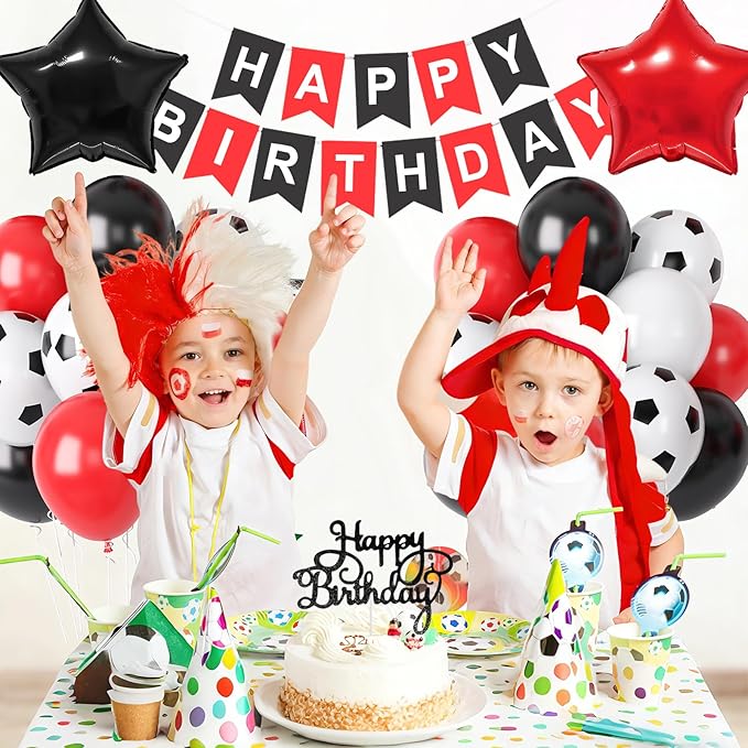 Soccer Birthday Party Decorations for Men Women, Soccer Birthday decorations with Red Black White Balloons Happy Birthday Banner Cake Toppers 18in Foil Balloon for Boys Girls Women Men Party Decor