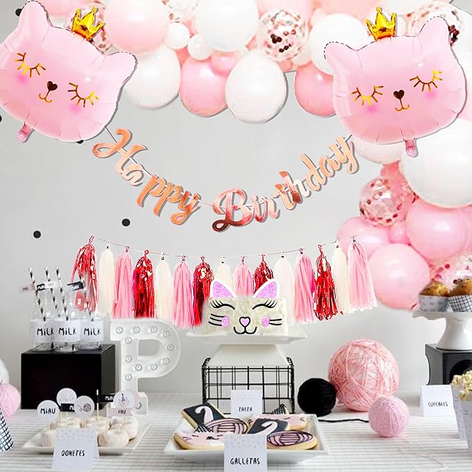 Cat Birthday Party Decoration Kitty Cat Balloons Cat Kitty Birthday MEOW Banner Meow Party Supplies Pink Cat Kitty Cake Decoration