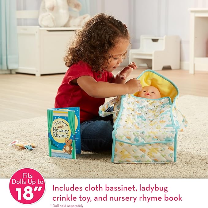 Melissa & Doug Mine to Love Bassinet Play Set Portable Carrier for Dolls with Crinkle Toy, Nursery Rhyme Book