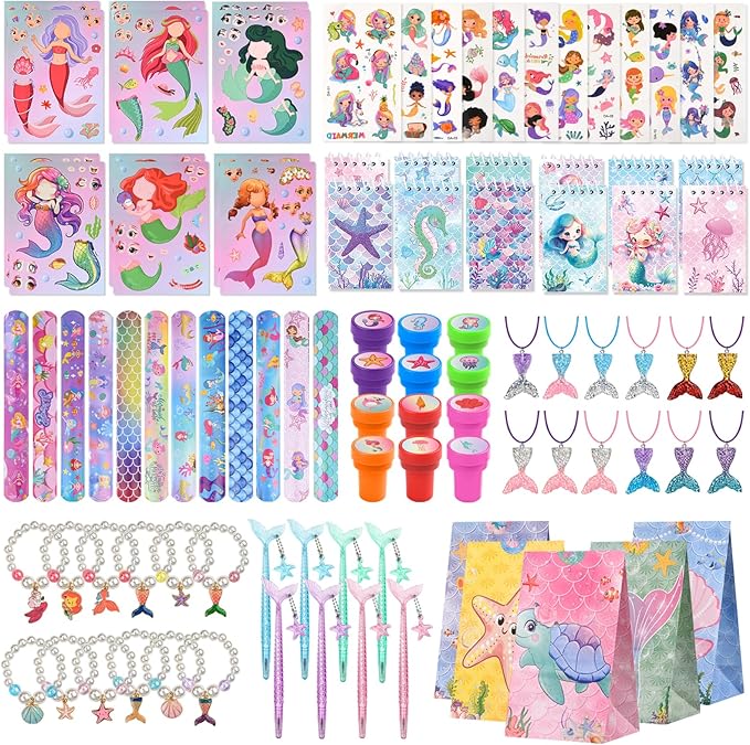 Party Favors for Kids: Mermaid Theme Goodie Bags Stuffers Birthday Party Supplies, Bracelets, Necklaces, Stampers, Notepads, Stickers, Gel Pens, Gift Bags Serves 12 Girls Birthday Party Decorations
