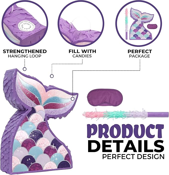 Mermaid Tail Pinatas Bundle with a Blindfold and a Bat (16.5 x 12 x 4 Inches), Perfect for kid's Birthday Parties, Mermaid Theme Parties for Girls, Decorations