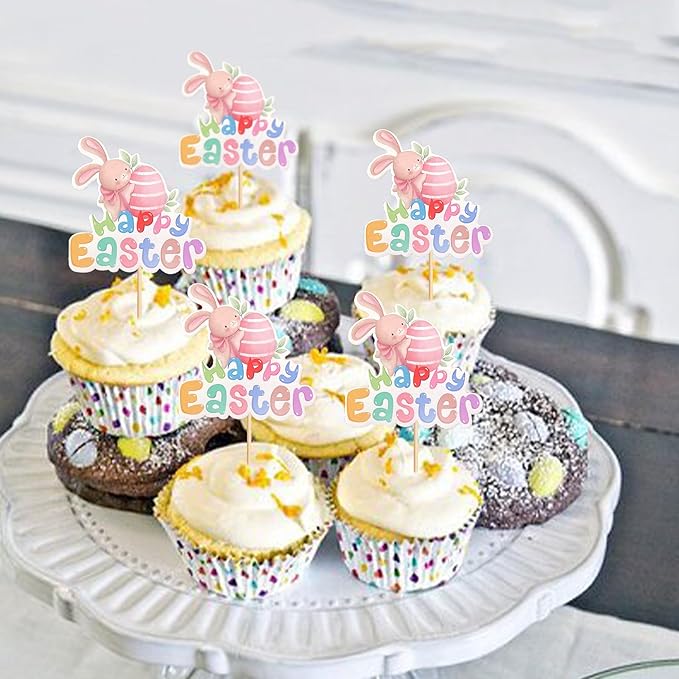 Ercadio 24Pcs Printed Happy Easter Cupcake Toppers Cute Easter Rabbit Eggs Cupcake Picks for Easter Baby Shower Kids Boys Girls Birthday Party Cupcake Decoration Supplies
