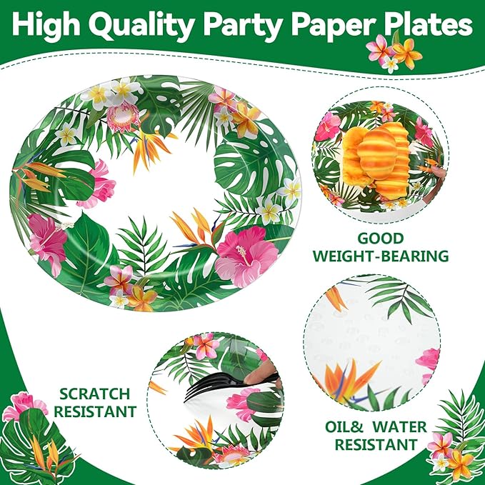 50PCS Hawaiian Luau Party Oval Paper Plates Green Leaf Shape Napkins Aloha Floral Party Supplies Large 11in Summer Platters Tableware Decoration Disposable Tropical Dish Tray for Beach Birthday Party