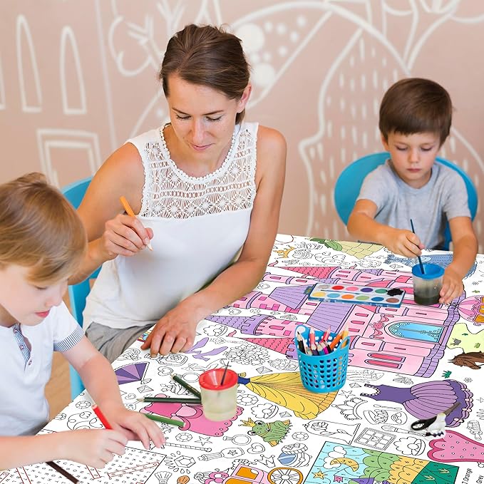 Princess Coloring Tablecloth for Kids, Giant 30x72 Inch Poster with Castles, Crowns, Fairy Tale Icons, Perfect for Girls Princess Party Games, Royal Decorations, Celebration Supplies