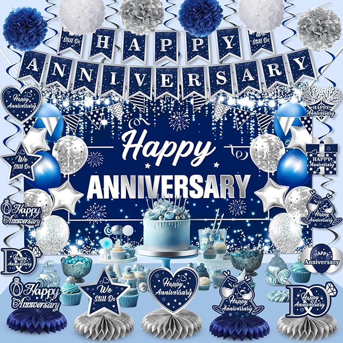 Happy Anniversary Decorations Kit Blue Silver Happy Anniversary Banner Honeycomb Centerpieces Hanging Swirls Tissue Paper Pompoms Set for Men Women Couple Wedding Anniversary Party Supplies Decor