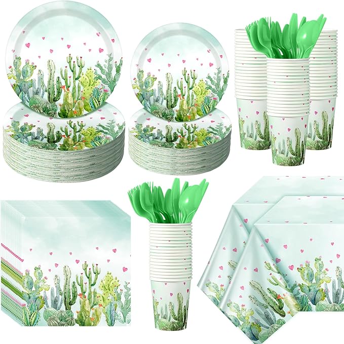 170 Pcs Cactus Party Decorations Supplies 24 Guest Cactus Party Set Disposable Tableware Paper Plate Cup Napkin Fork Knives Spoon for Fiesta Celebration Birthday Taco Decoration (Green)