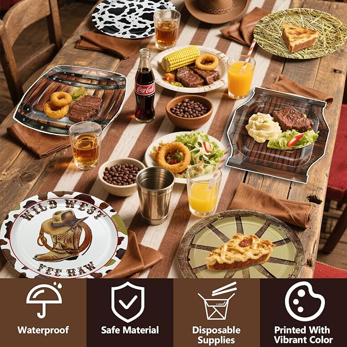 60 Pcs Western Cowboy Party Plates, 9'' Wild West Theme Print Plates for Cowboy Baby Shower Decorations Western Party Decorations