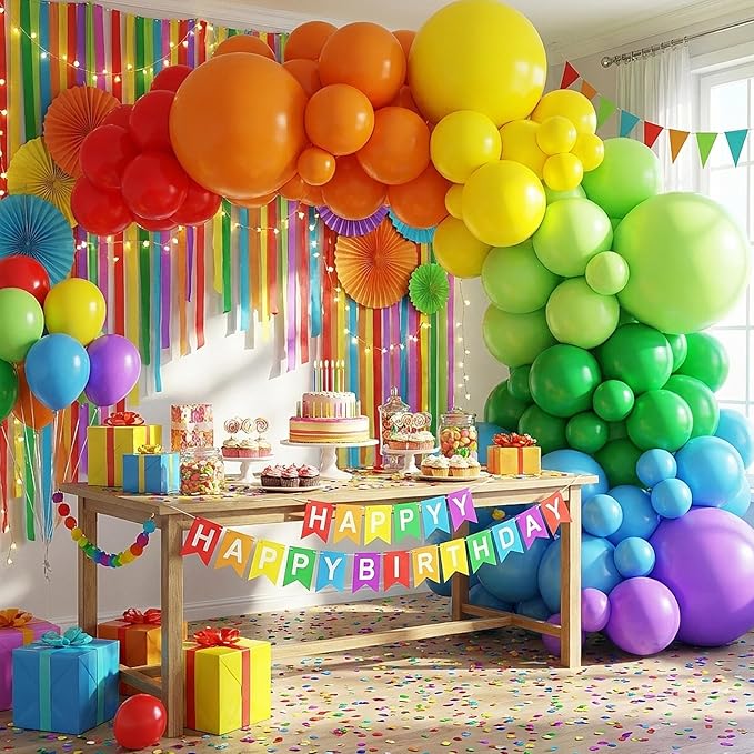 RUBFAC Rainbow Balloon Arch Kit 129pcs Different Sizes Pack of 18 12 10 5 Inch, Latex Colorful Balloons Garland for Birthday Party Decorations