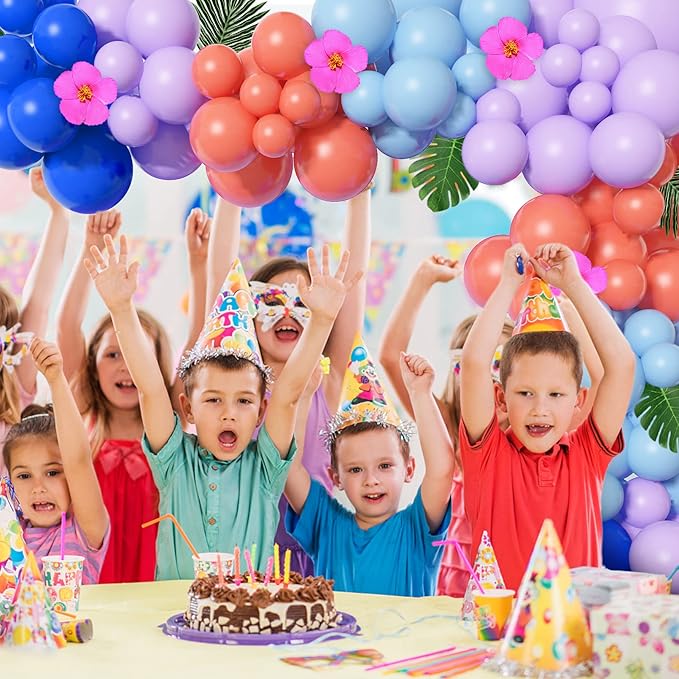 Stich 131Pcs Balloon Birthday Party Decorations - Blue Purple Arch Kit with Happy Birthday Banner, Palm Leaves, Flowers for Kids, Baby Shower, Tropical Party Supplies