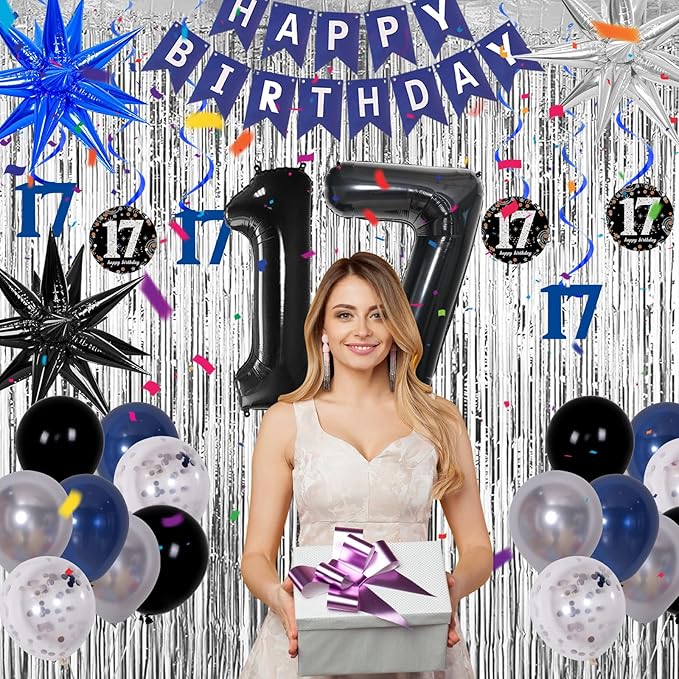17th Birthday Decorations for Boys and Girls Dark Blue, 17 Birthday Decorations with HAPPY BIRTHDAY Banner 17 Balloon Number Tablecloth Foil Star Balloons Garland Arch Kit-17 Year Old Party Supplies