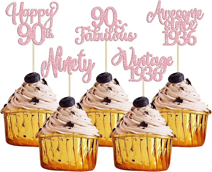 Ephlyn 30Pcs Vintage 1936 Cupcake Toppers Glitter Ninety Happy 90th Birthday 90 Fabulous Cupcake Picks Decorations for 90th Birthday Anniversary Retirement Party Supplies Pink
