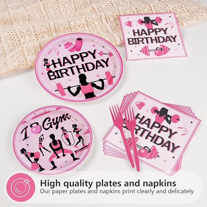 96Pcs Gym Happy Birthday Party Decoration Black and Pink Work Out Weight Plates and Napkins Disposable Weightlifting Equipment Tableware Set for Bodybuilding Girl Birthday Party Supplies Serves 24