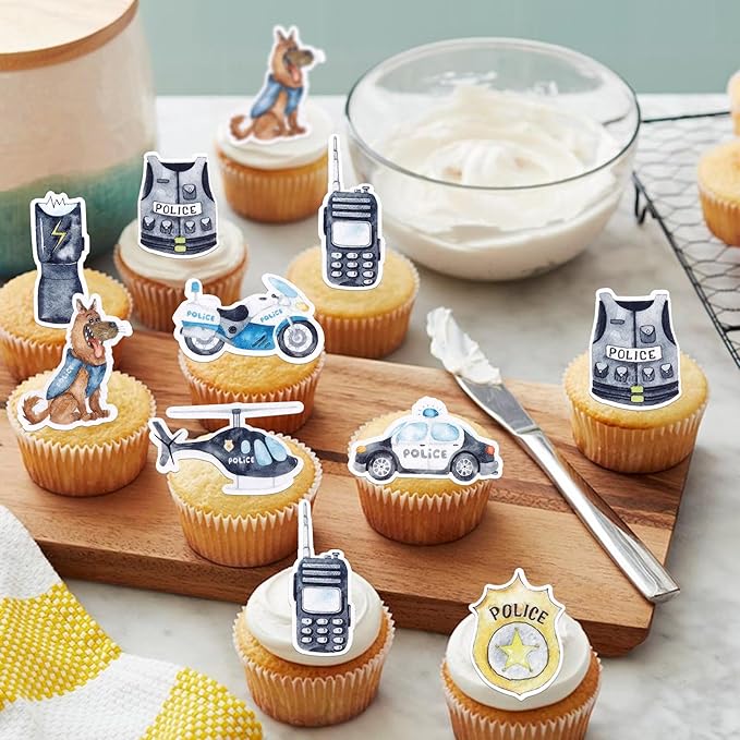 64 Pack Edible Police Cupcake Toppers Wafer Paper Selection Helicopter Car Dog Badge Uniform Gun Cupcake Picks for Police Themed Birthday Party Cake Decoration Supplies