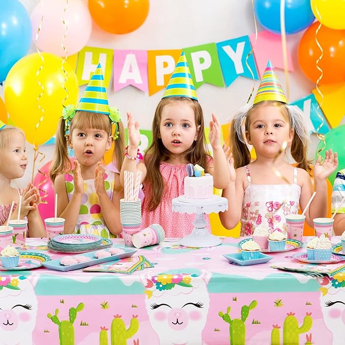WERNNSAI 2 PCS Llama Table Cloth - Llama Birthday Decorations Alpaca and Cactus Tablecloth Cactus Party Decorations for Kids Girls Pink Birthday Party Supplies 54'' x 108''