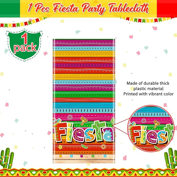 Jectivs 1 Pieces Mexican Fiesta Party Tablecloth Decorations,Plastic Cinco De Mayo Printed Table Cloth Table Cover for Fiesta Taco Night Birthday and Mexican Themed Party Supplies, 54 x 108 Inch