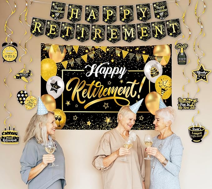 Happy Retirement Party Decorations for Men Women, Black and Gold Happy Retirement Banner, 71x43 Inch Retired Backdrop, 8pcs Hanging Swirls, Farewell Party Supplies
