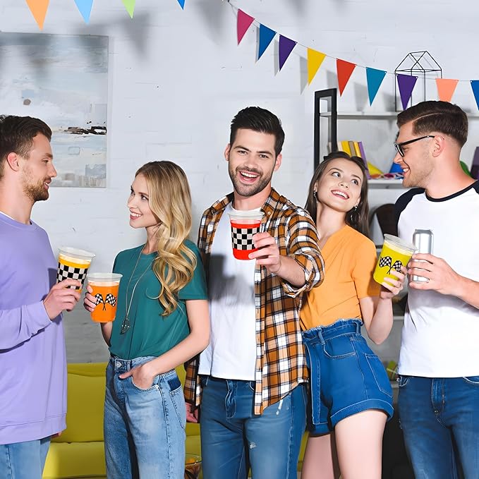 peony man 50 Pcs Checkered Racing Party Plastic Cups 16 oz White Black Checkered Flag Clear Cup Disposable Race Car Drinking Cups for Race Car Sports Themed Birthday Party Favors Supplies