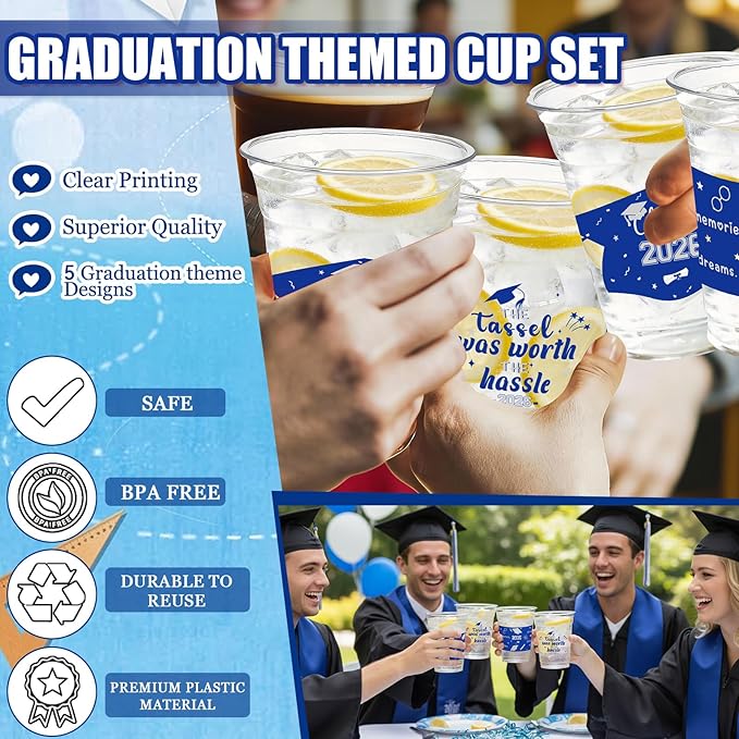 GuassLee Blue Silver Graduation Decorations 2026 Party Cups - 50pcs 12 Oz Blue and Silver Disposable Graduation Plastic Clear Cups for Drinks Class of 2026 Grad Party Supplies