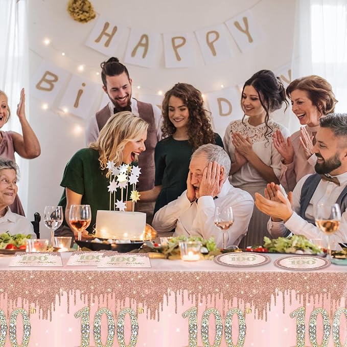 41PCS 100th Birthday Decorations Rose Gold 100th Party Disposable Tableware Set Include 100 Year Old Birthday Plates and Napkins, Plastic Tablecloth For 100 Year Old Gifts Women
