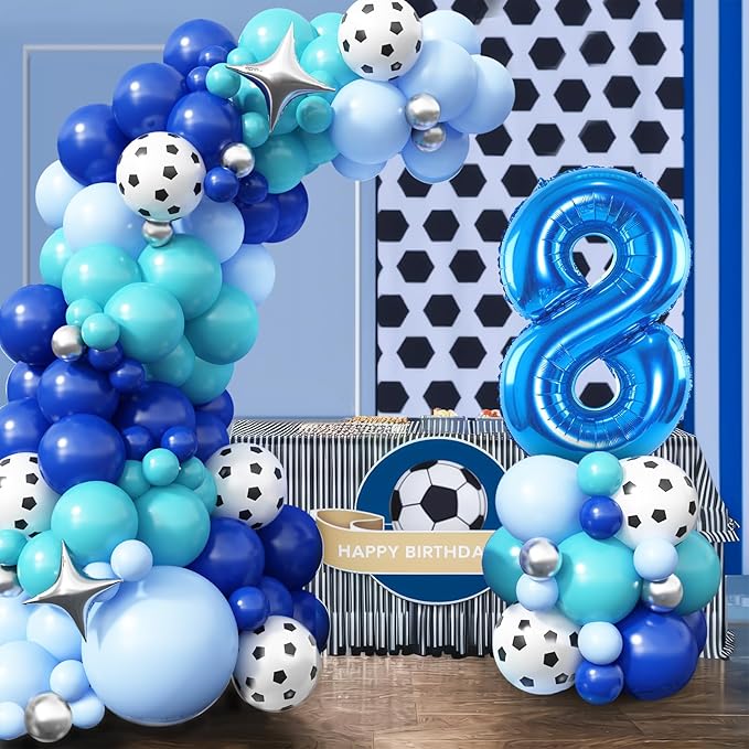 Soccer 8th Birthday Party Supplies - Arch Kit with 40 Inch Number 8 Balloon, Football Foil Balloon, Royal Teal Blue Balloons for Boys 8th Birthday Decoration