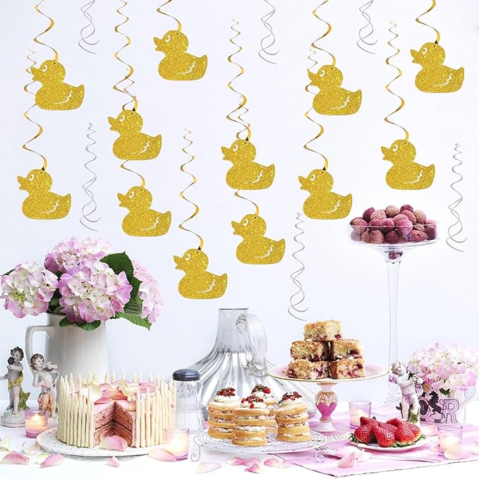 Duck Hanging Swirls, Farm Themed Party Swirls Supplies, Kids Birthday Baby Shower Yellow Duck Party Foil Ceiling Decoration Supplies 18 PCS Gold Glitter