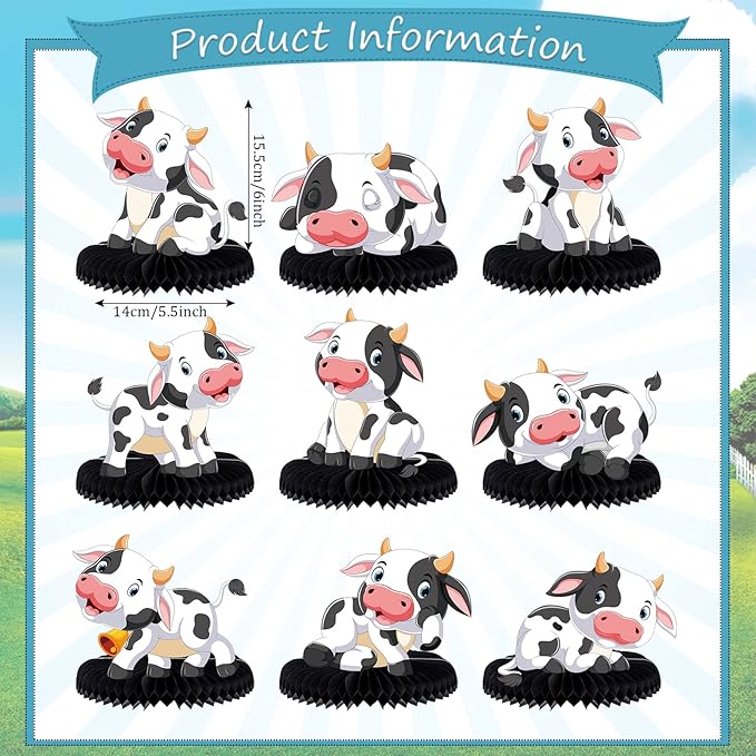 9 Pcs Cow Honeycomb Centerpieces Farm Animals Cow Table Topper Honeycomb 3D Table Decoration Barnyard Paper Fan Cow Cutouts for Children's Party Western Cowboy Baby Shower Wedding Party Supplies