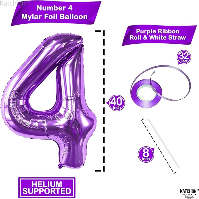 KatchOn, Giant Purple 4 Balloon Number - 40 Inch | Purple Number 4 Balloon, Mermaid 4th Birthday Decorations for Girls, Women | 4th Birthday Balloons | 4th Happy Anniversary Decorations