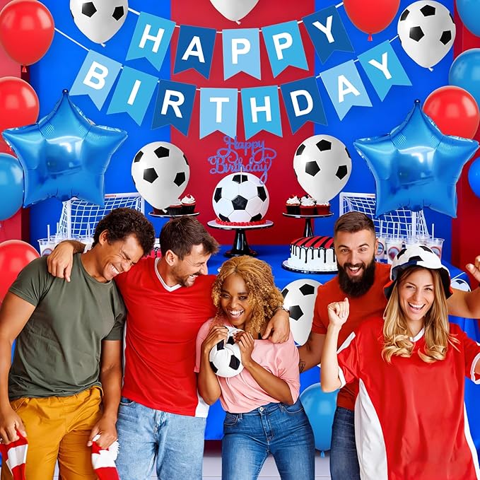 Soccer Birthday Party Decorations, Soccer Party Decorations Supplies with Blue Red Balloons Happy Birthday Banner Cake Toppers 18in Foil Balloon for Boys Girls Sport Theme Party Decor