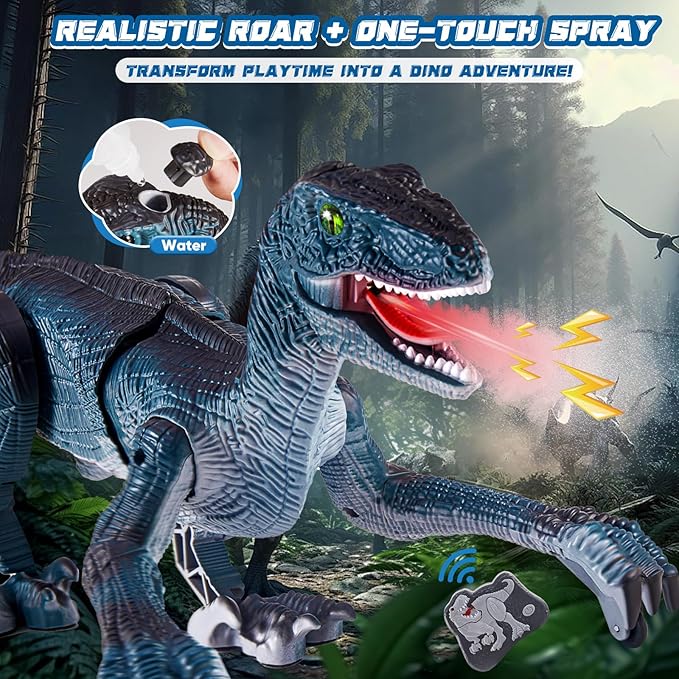 Remote Control Dinosaur Toys for Kids, Dinosaur Toys for Boys Big Walking Velociraptor Dino with Light Sound and Spray Stream Birthday Gift Ideas for Boys and Girls 3-5 4-7 Year Old