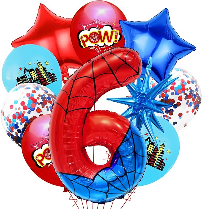 Spider Web Number 6 Balloon Birthday Decoration, Superhero Themed 40in Giant Mylar Number Party Supplies