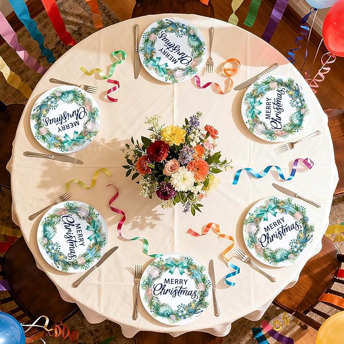 50 Pcs Wreath Christmas Paper Plates 10" Large Disposable Seashell Beach Platters Blue Coastal Style Decorations for Ocean Merry Christmas Festive Xmas Theme Holiday Birthday Party Supplies